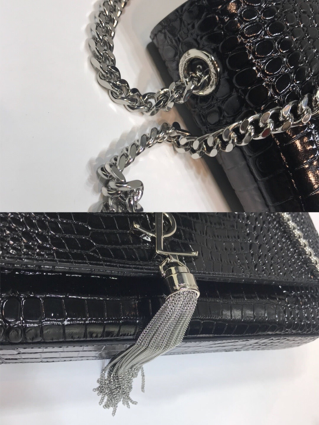 GLAMI Kate MeGLAMIum Chain Bag With Tassel In Embossed CrocoGLAMIle Black For Women 9.4in/24cm YSL 354119DND0N1000