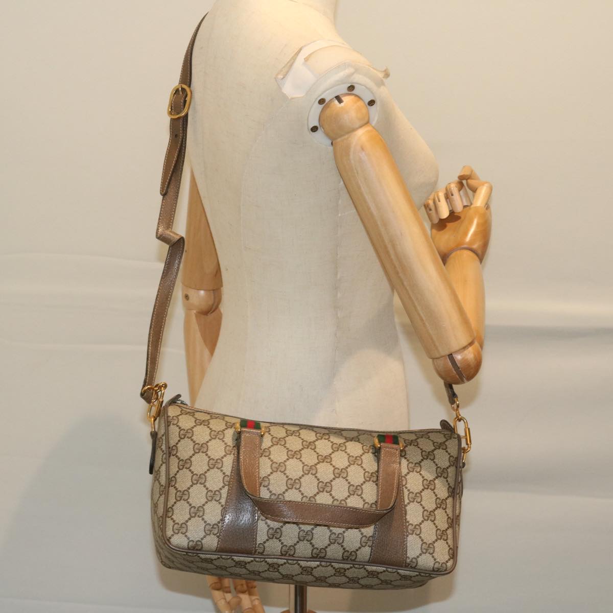GUCCI GG Supreme Web Sherry Line Hand Bag 2way Beige Red 39 02 040 60876