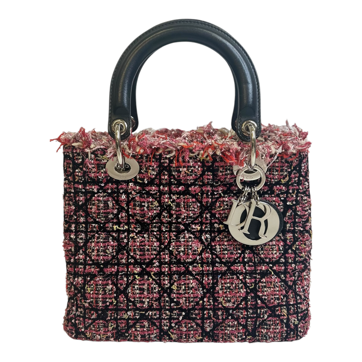Christian Dior Tweed Fringe Cannage Embroidered Medium Lady Dior Pink Black Multicolor