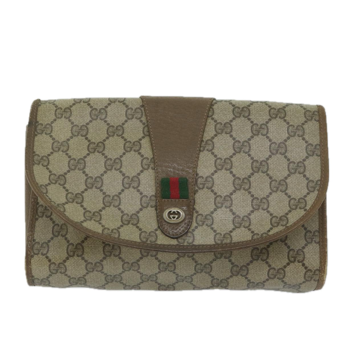 GUCCI GG Canvas Web Sherry Line Clutch Bag PVC Beige Green Red 61258