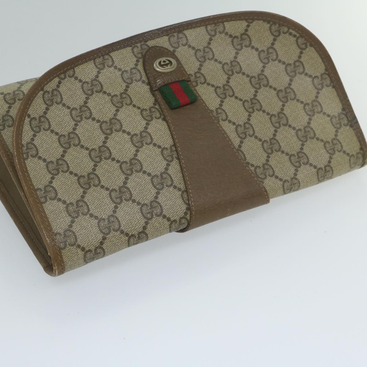 GUCCI GG Canvas Web Sherry Line Clutch Bag PVC Beige Green Red 61258