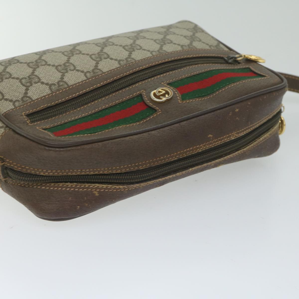 GUCCI GG Canvas Web Sherry Line Shoulder Bag PVC Beige Red Green 61350