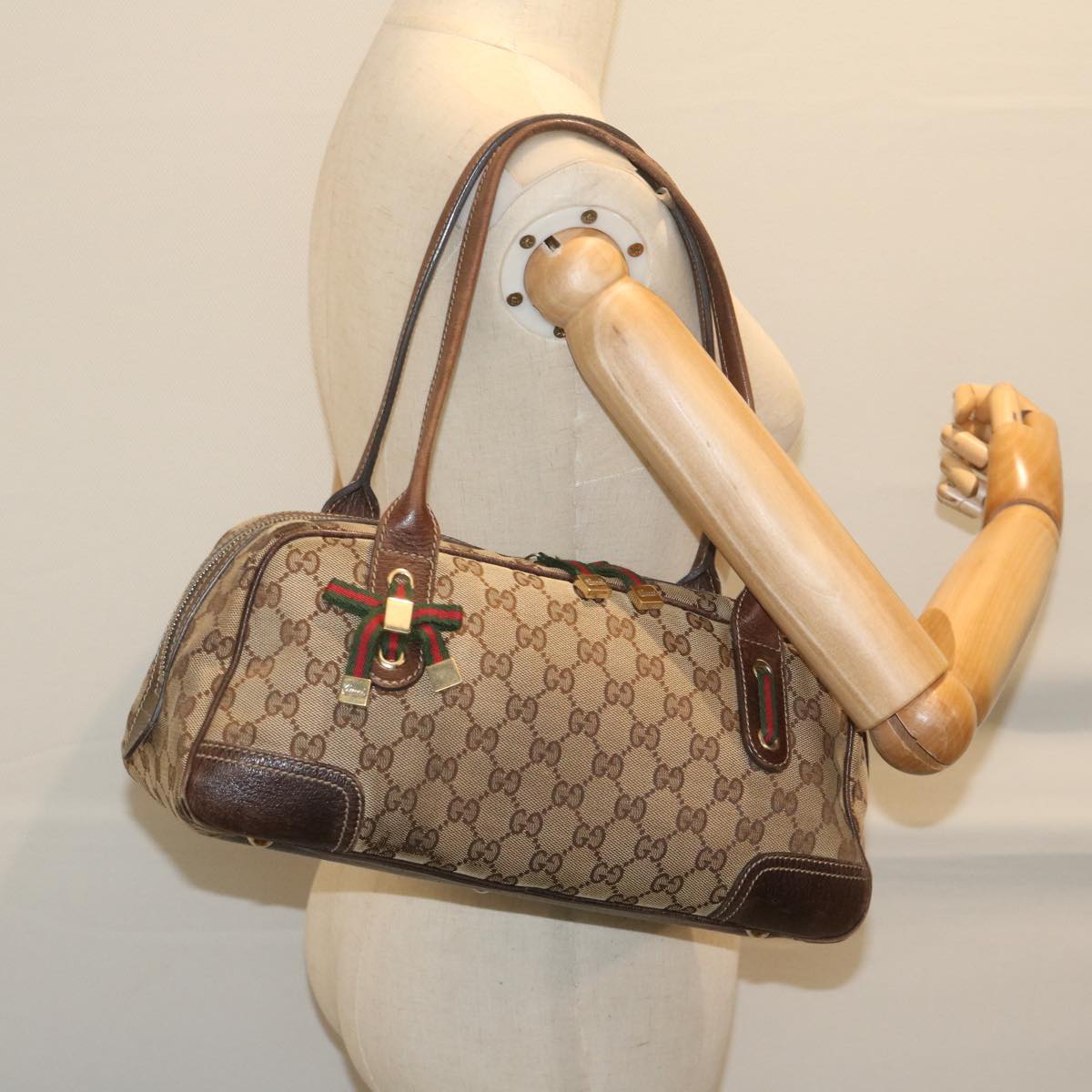 GUCCI GG Canvas Web Sherry Line Tote Bag Beige Red Green 161720 61848