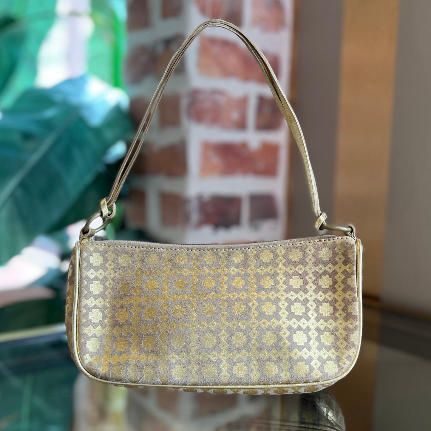 CELINE Metallic Gold Suede Leather Vintage Shoulder Bag