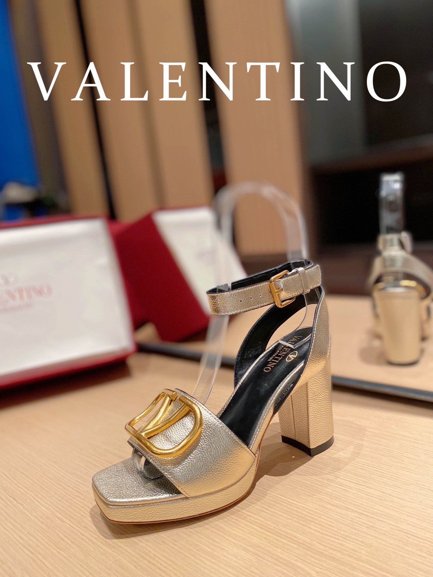Valentino Garavani Strap Heeled Sandals With V Logo Signature EmbellisGLAMIent Gold For Women