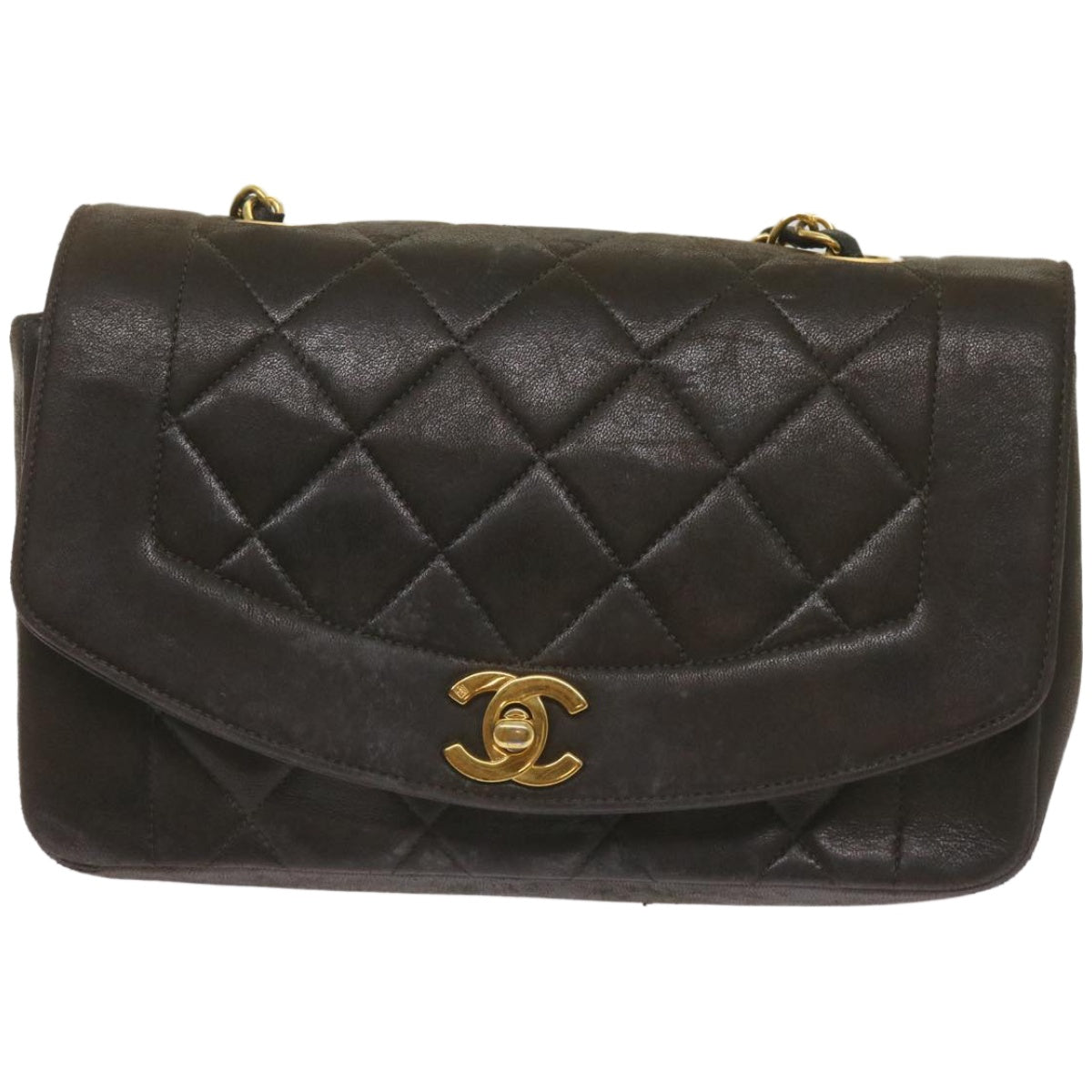 CHANEL Diana Matelasse Chain Shoulder Bag Leather Black CC 66875