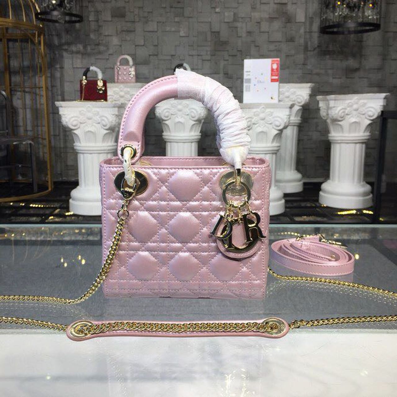GLAMI Mini Lady Cannage Quilted Bag with Chain Gold Toned Hardware Pink For Women 6.5in/17cm CD