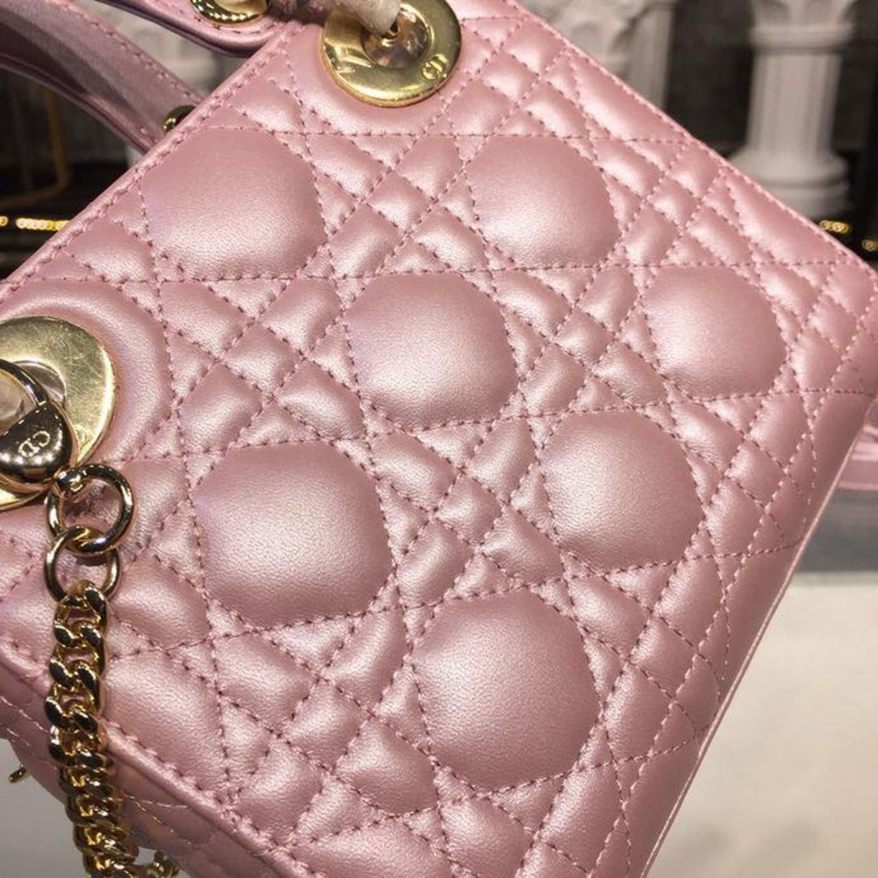 GLAMI Mini Lady Cannage Quilted Bag with Chain Gold Toned Hardware Pink For Women 6.5in/17cm CD
