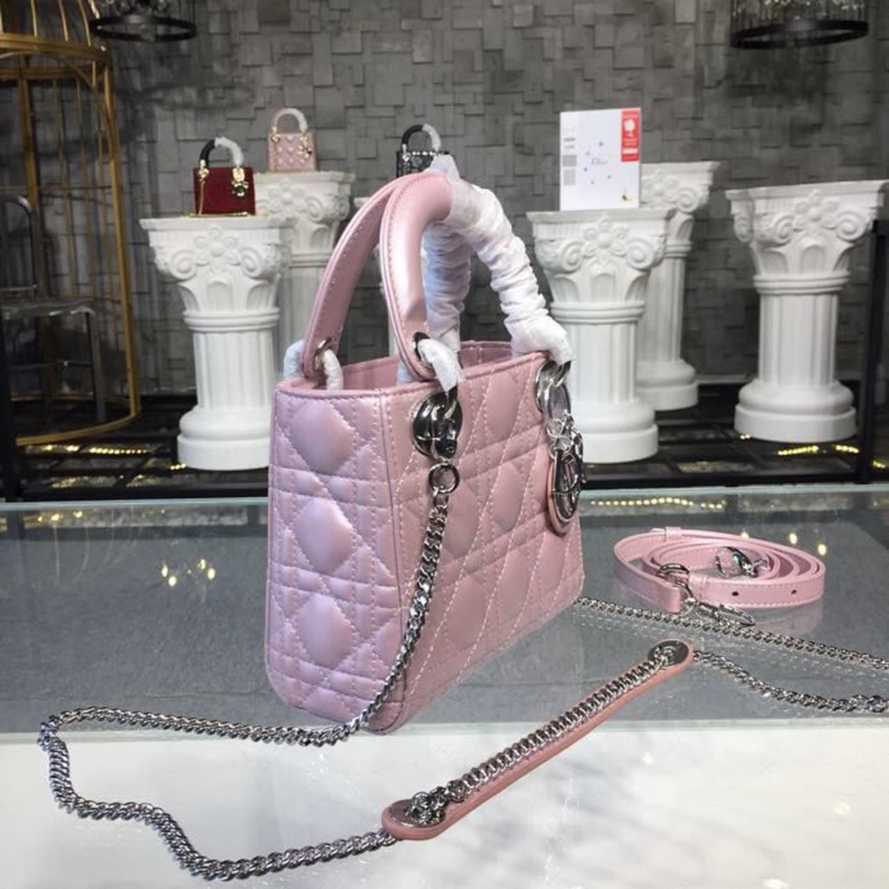 GLAMI Mini Lady Cannage Quilted Bag with Chain Silver Hardware Pink For Women 6.5in/17cm CD