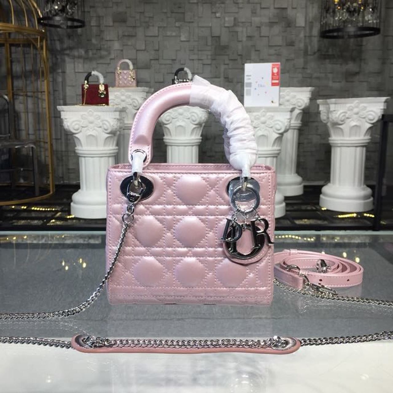 GLAMI Mini Lady Cannage Quilted Bag with Chain Silver Hardware Pink For Women 6.5in/17cm CD