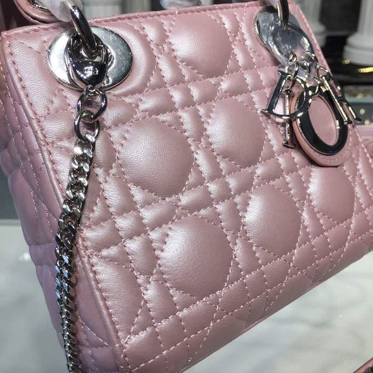 GLAMI Mini Lady Cannage Quilted Bag with Chain Silver Hardware Pink For Women 6.5in/17cm CD