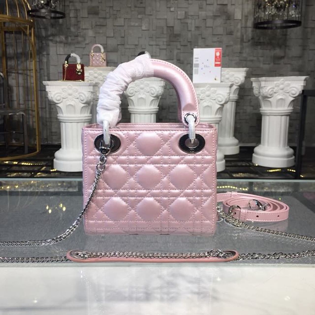 GLAMI Mini Lady Cannage Quilted Bag with Chain Silver Hardware Pink For Women 6.5in/17cm CD