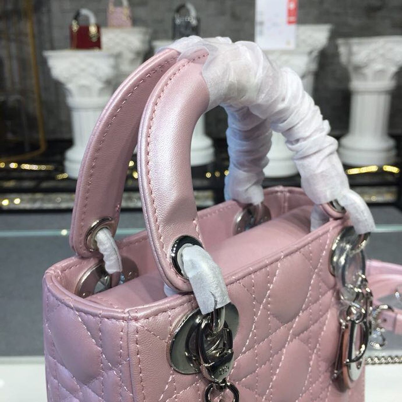 GLAMI Mini Lady Cannage Quilted Bag with Chain Silver Hardware Pink For Women 6.5in/17cm CD