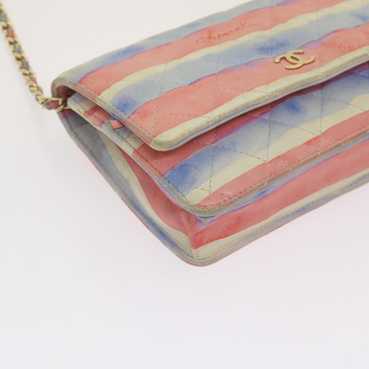 CHANEL Chain Shoulder Bag Leather Blue Red CC 67372A
