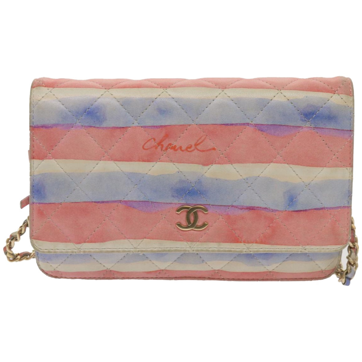 CHANEL Chain Shoulder Bag Leather Blue Red CC 67372A