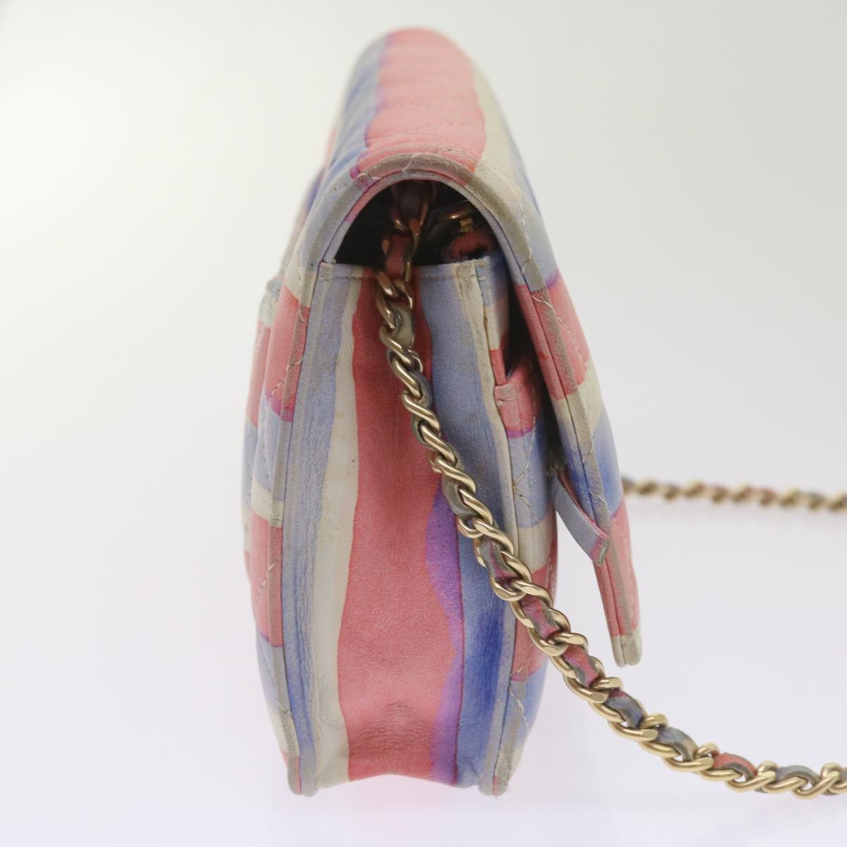 CHANEL Chain Shoulder Bag Leather Blue Red CC 67372A