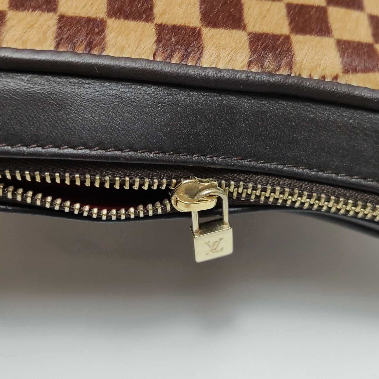 Preloved GLM-Tigre Leather and Pony Hair Checkerboard Mahjong Bag 250313781103197