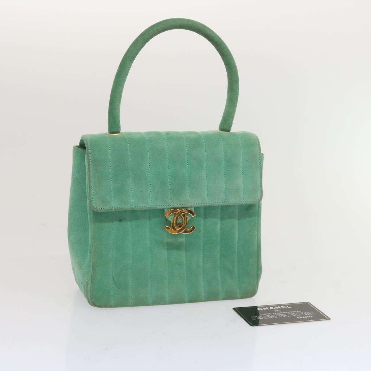 CHANEL Hand Bag Suede Green CC 68731A