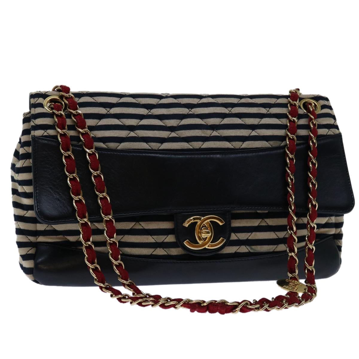 CHANEL Matelasse Chain Shoulder Bag Cotton White Navy CC 69062A