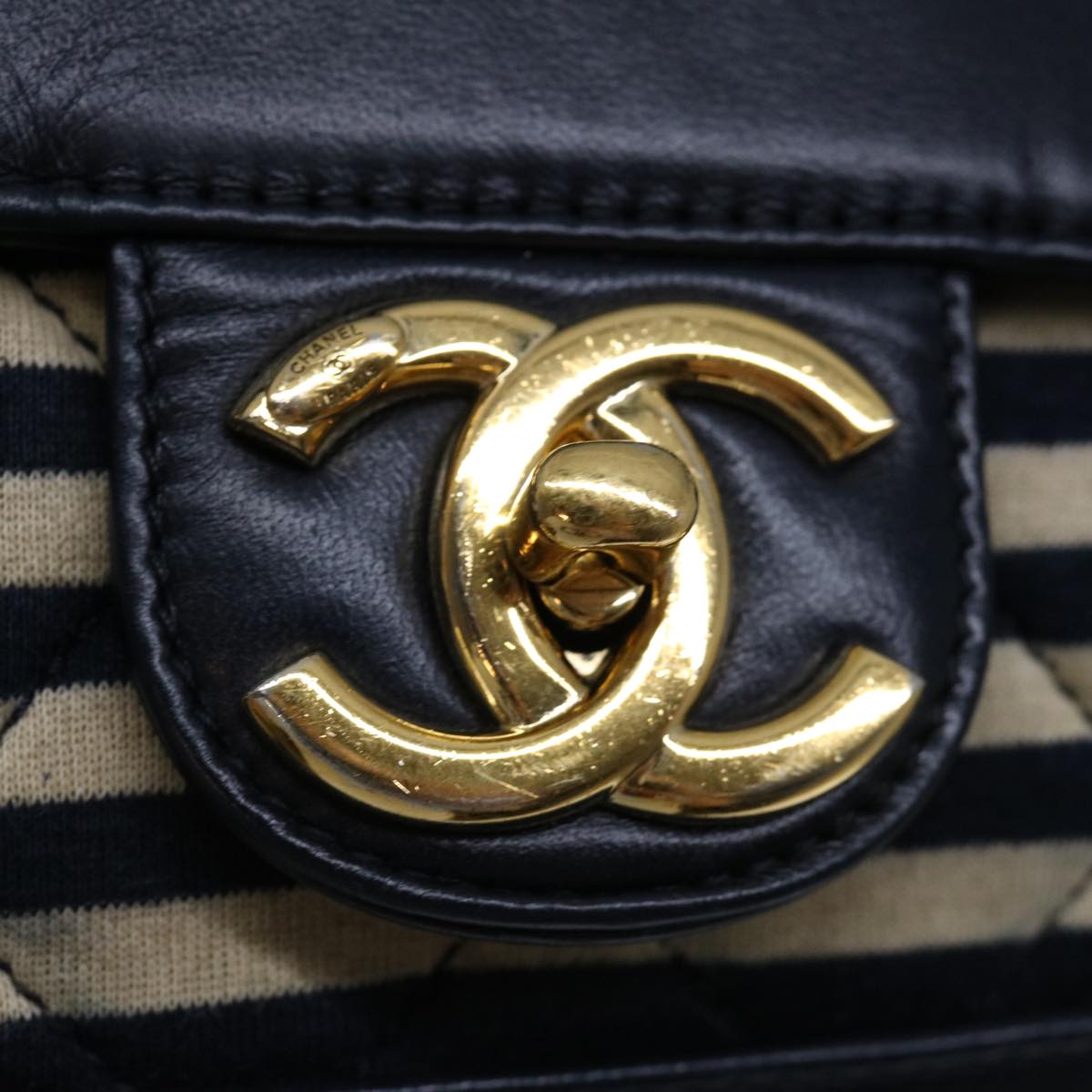 CHANEL Matelasse Chain Shoulder Bag Cotton White Navy CC 69062A