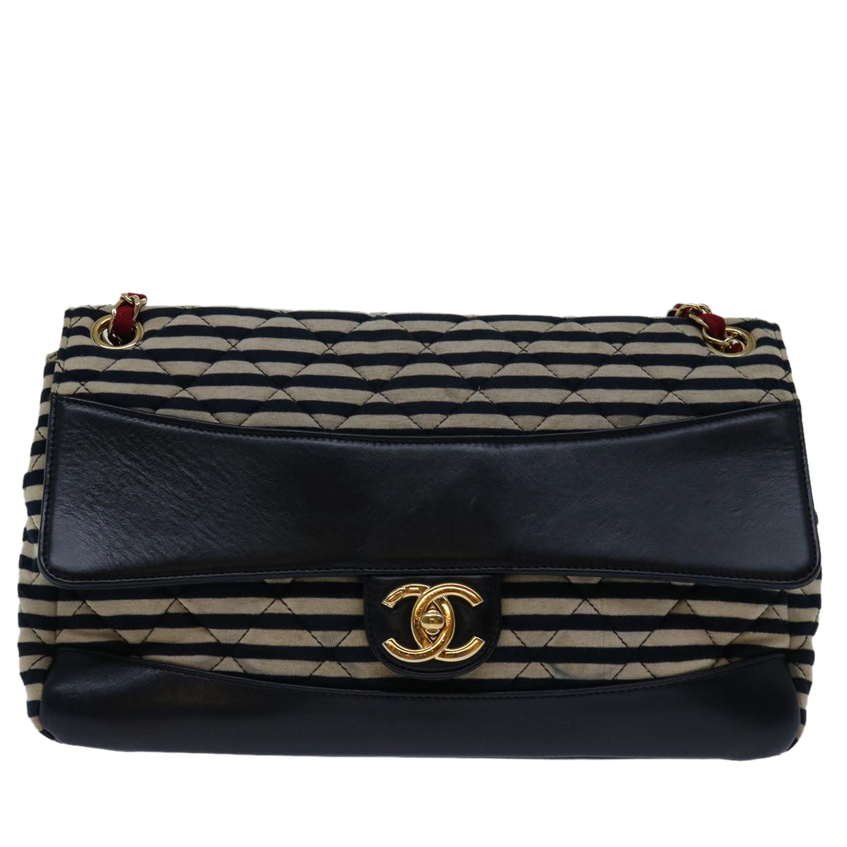 CHANEL Matelasse Chain Shoulder Bag Cotton White Navy CC 69062A