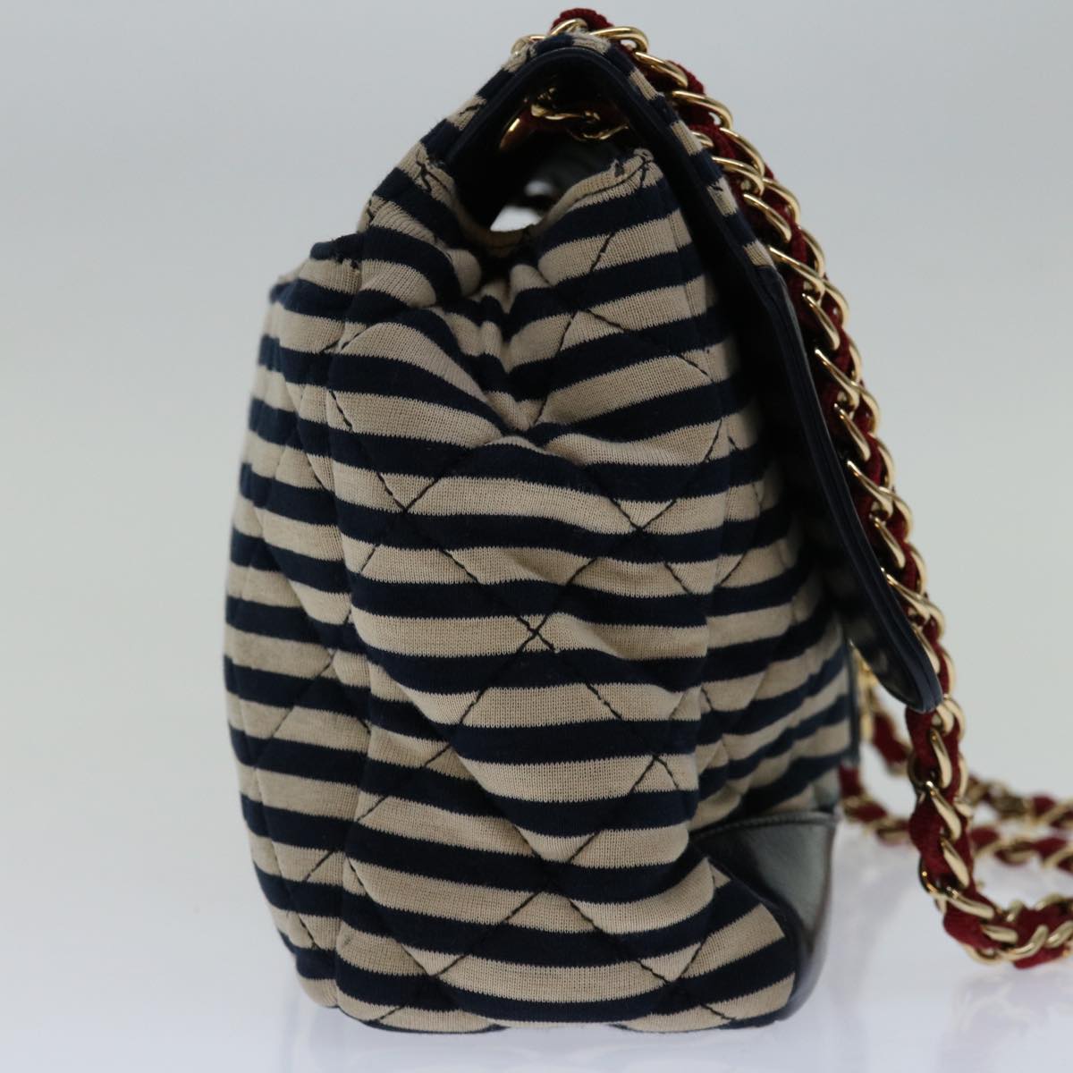 CHANEL Matelasse Chain Shoulder Bag Cotton White Navy CC 69062A