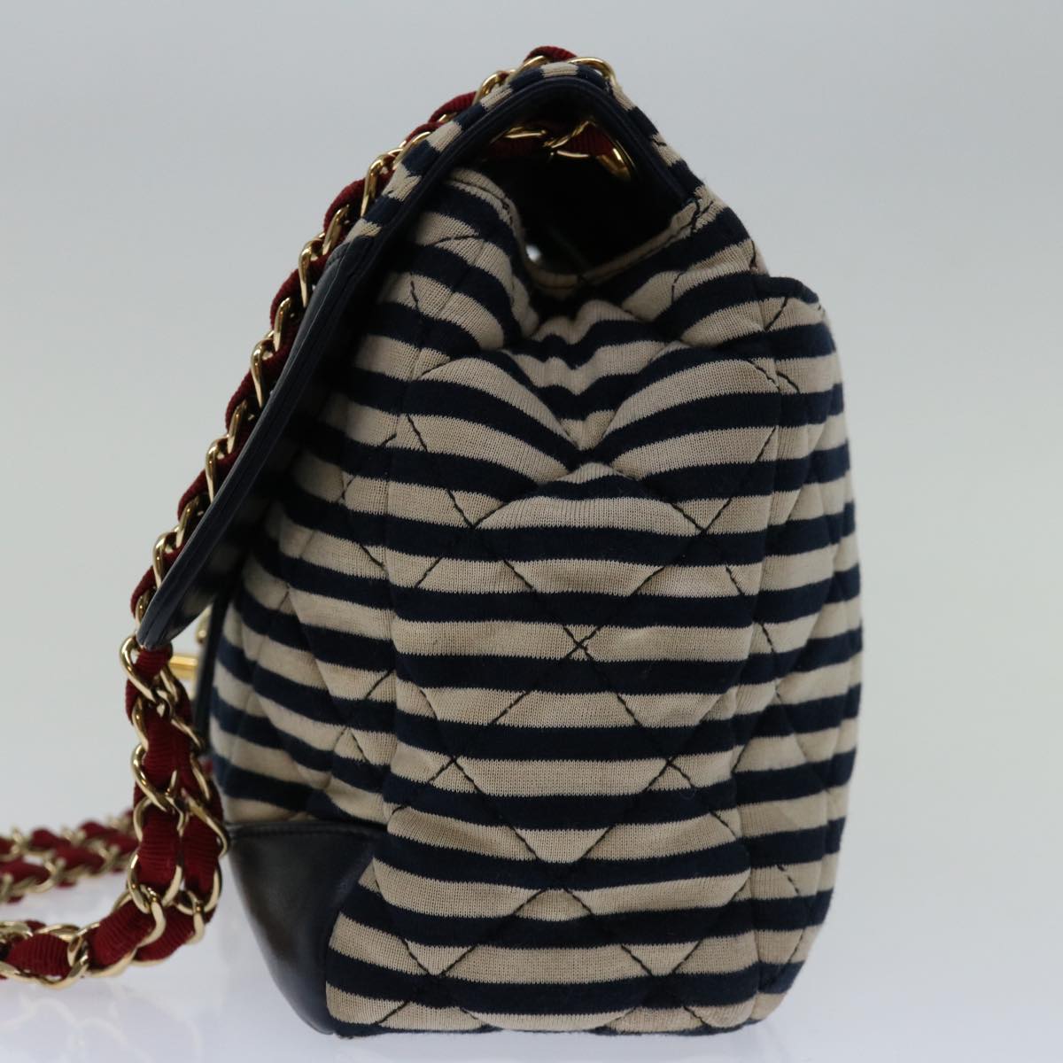 CHANEL Matelasse Chain Shoulder Bag Cotton White Navy CC 69062A