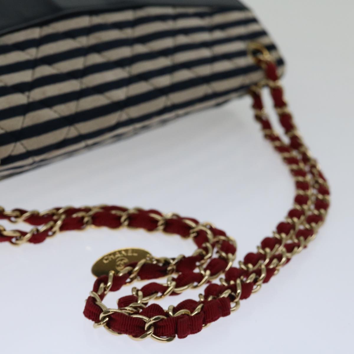 CHANEL Matelasse Chain Shoulder Bag Cotton White Navy CC 69062A