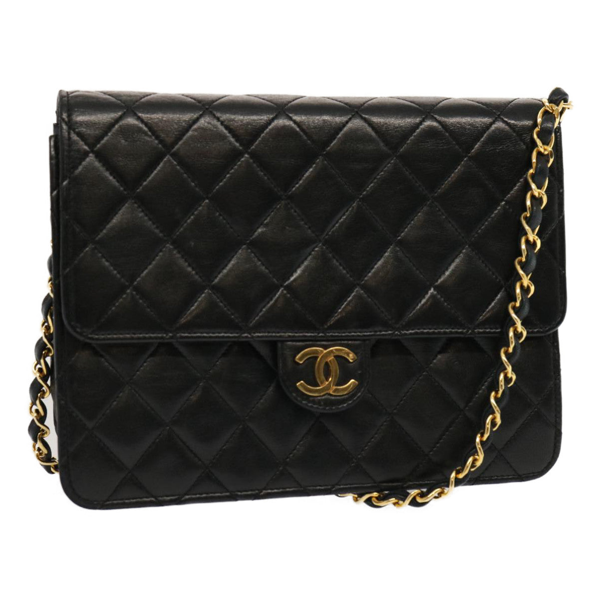 CHANEL Matelasse Chain Shoulder Bag Lamb Skin Black CC 69977A