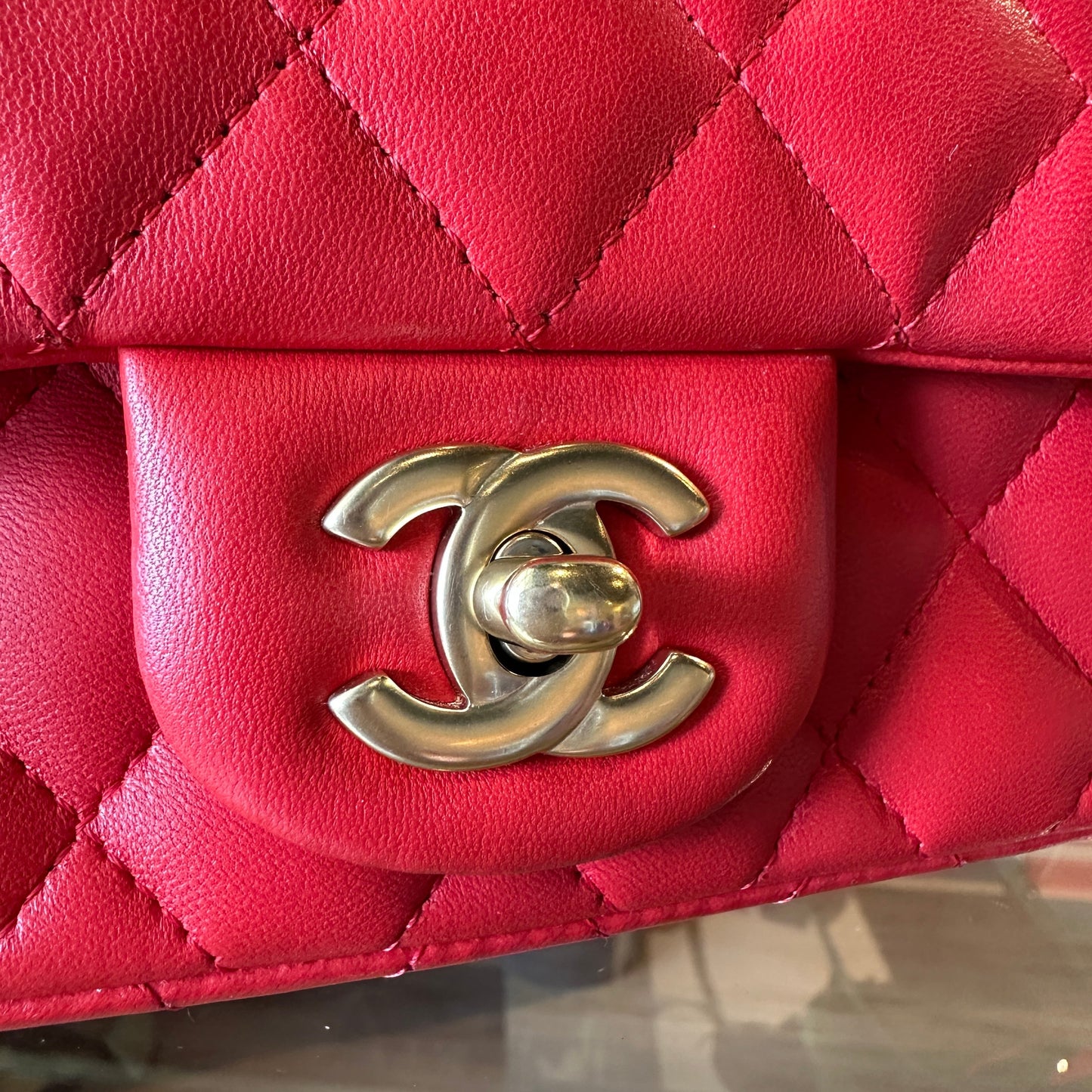 CHANEL Red Lambskin Mini Rectangle Shoulder Bag