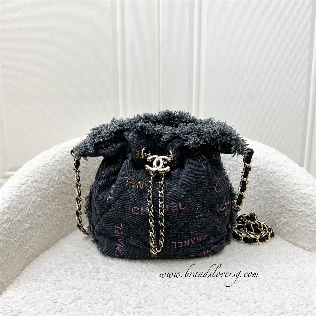 GLM-22P Denim Mood Mini Drawstring Bucket Bag in Black Printed Denim and LGHW