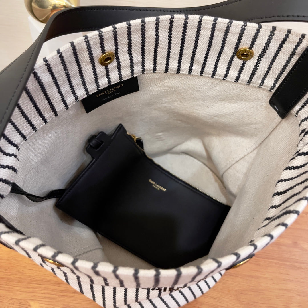 GLAMI Rive Gauche Bucket Bag In Striped Canvas For Women 11.8in/30cm Black And White YSL 669299FAAE59583