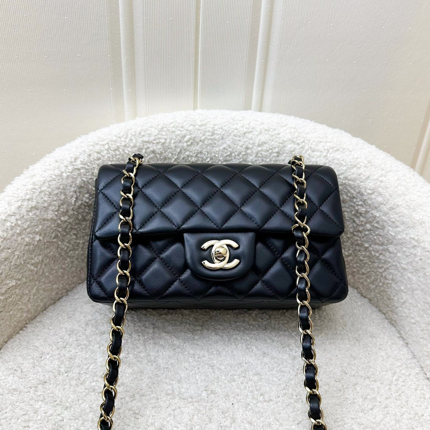 GLM-Classic Mini Rectangular Flap in Black Lambskin and LGHW