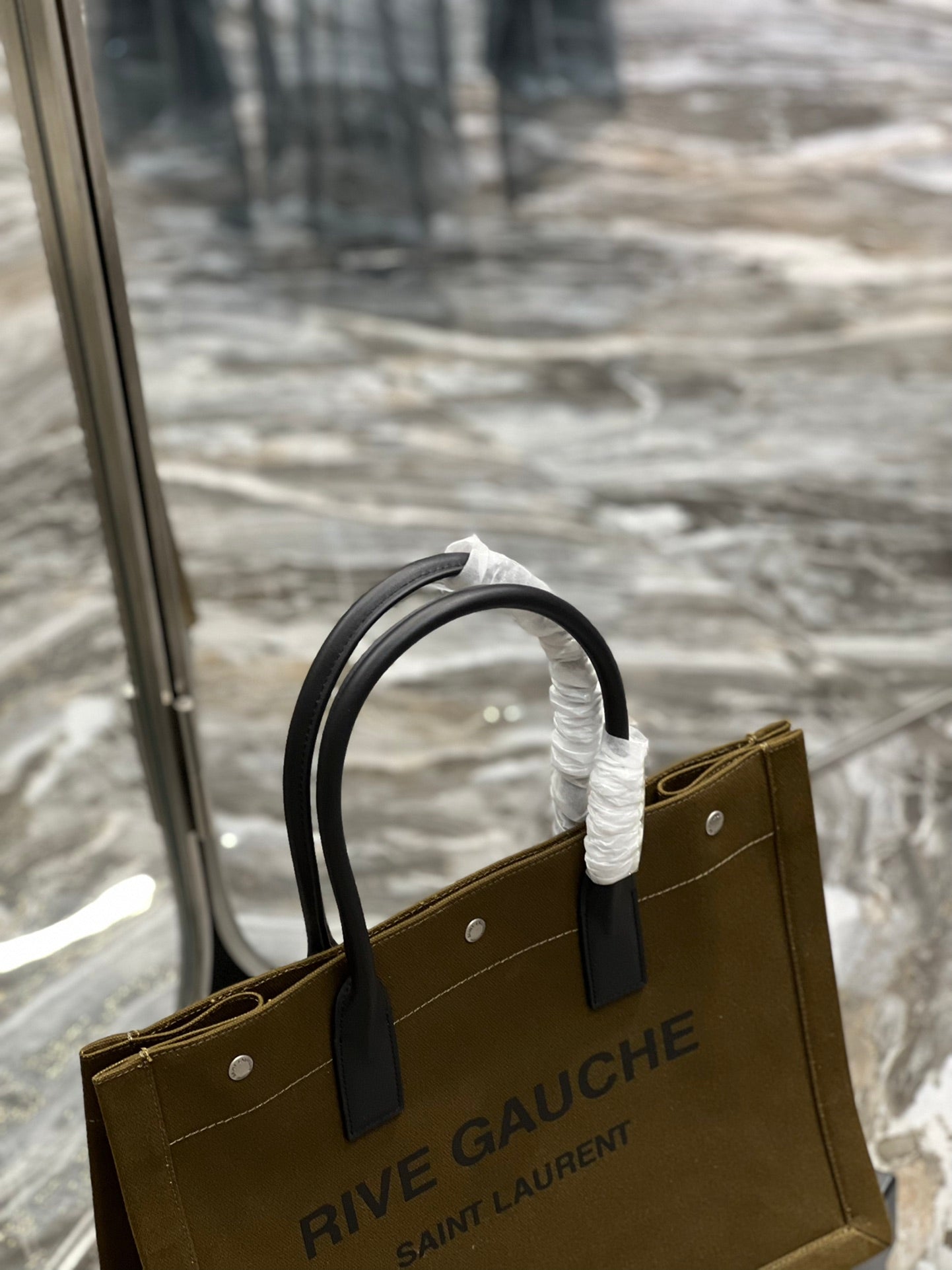 GLAMI Rive Gauche Small Tote Bag In Linen Khaki Brown For Women 15.4in/39cm YSL