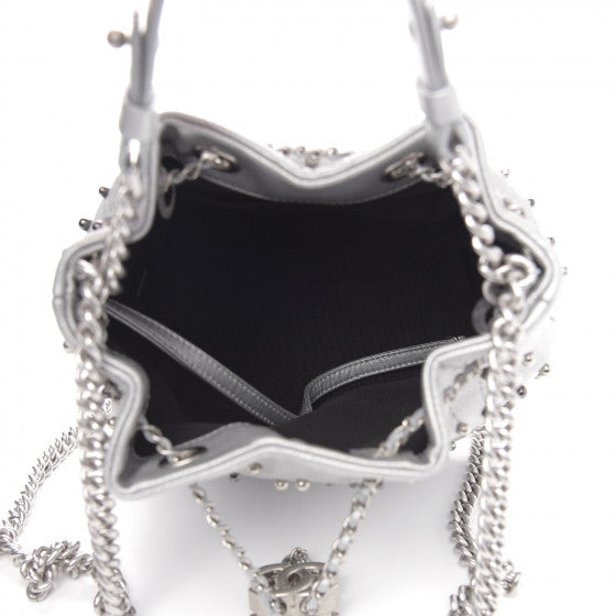 Chanel Metallic Lambskin Studded Chevron Quilted Small Stud Wars Drawstring Bag- Silver