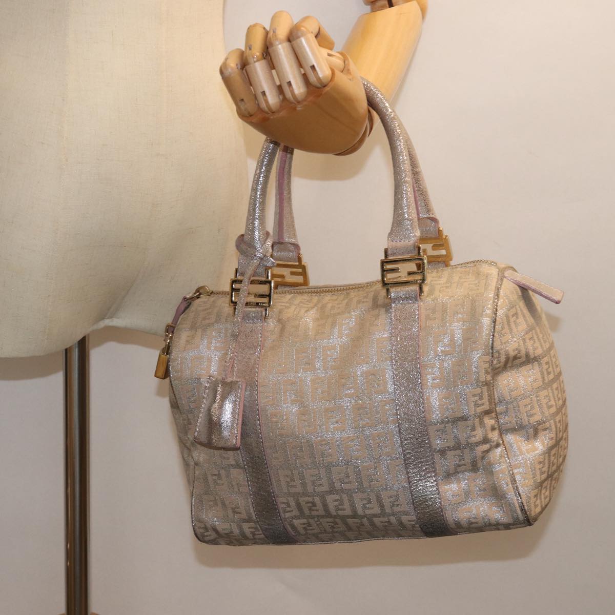 FENDI Zucchino Canvas Hand Bag Silver 70429