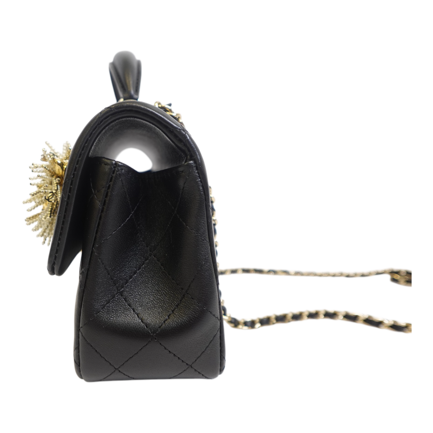 GLM-Lambskin Pearl Crystal Mini GLM- Lion Charm Top Handle Rectangular Flap