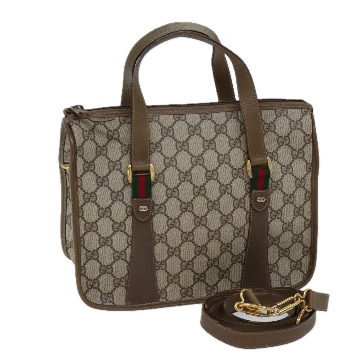 GUCCI GG Canvas Web Sherry Line Hand Bag PVC 2way Beige Green Red 71167