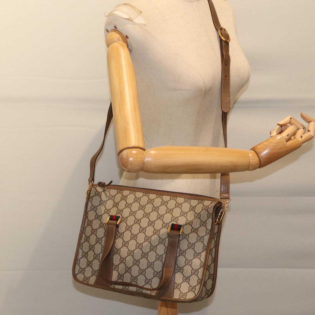 GUCCI GG Canvas Web Sherry Line Hand Bag PVC 2way Beige Green Red 71167