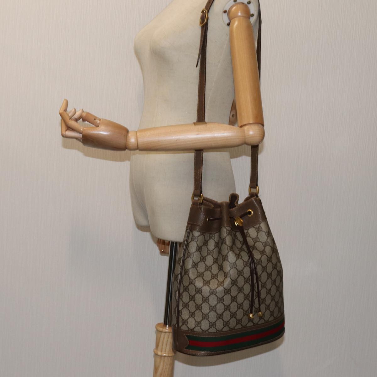 GUCCI GG Canvas Web Sherry Line Shoulder Bag PVC Beige Green Red 71174