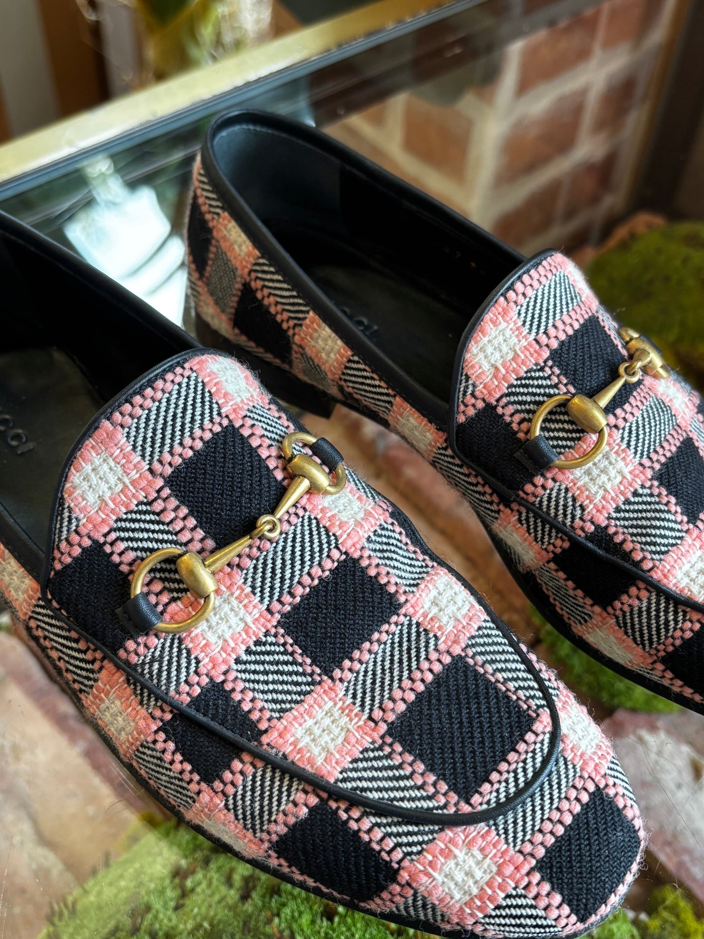 GUCCI Tweed Check Horsebit Jordaan Loafers