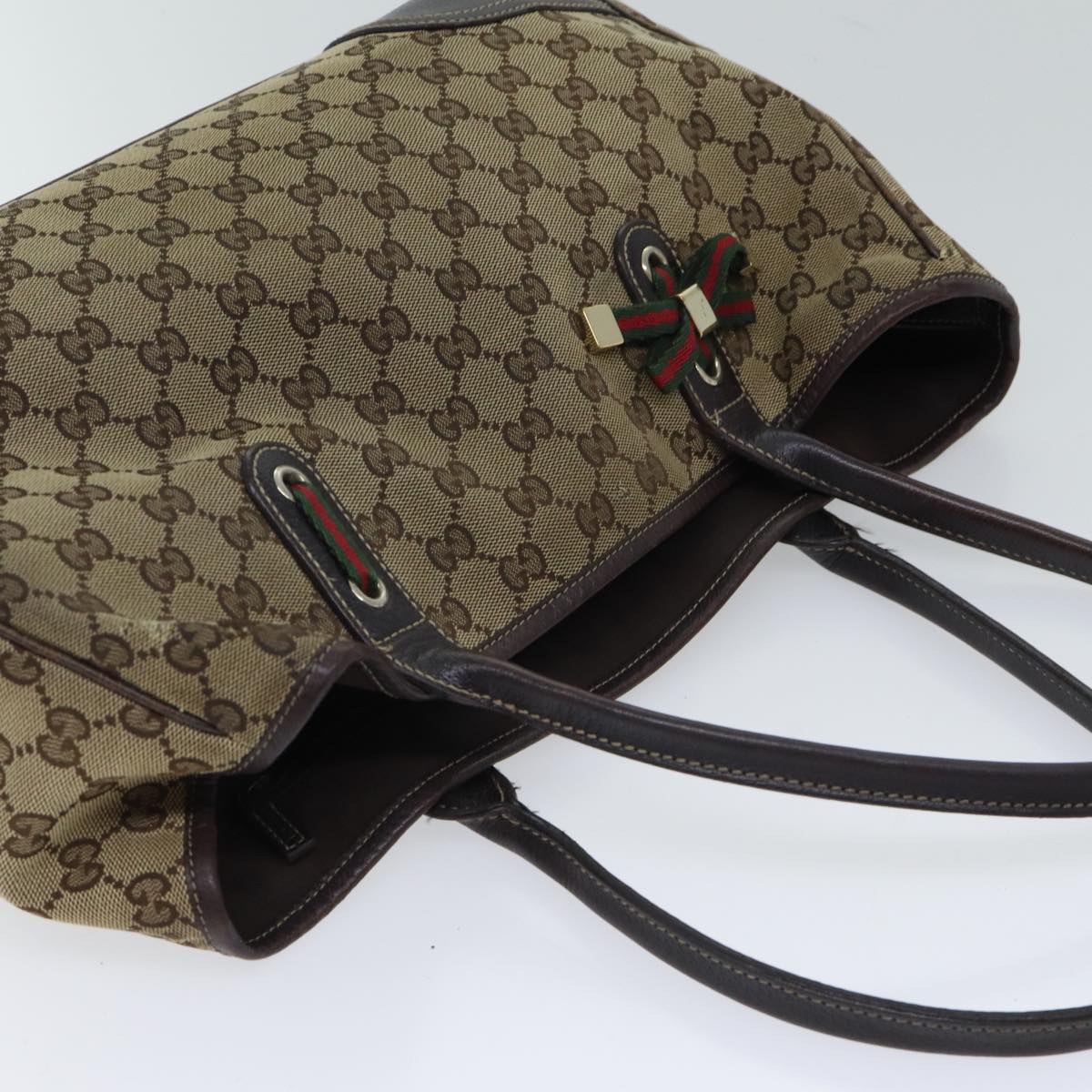 GUCCI GG Canvas Web Sherry Line Tote Bag Beige Red Green 163805 71522
