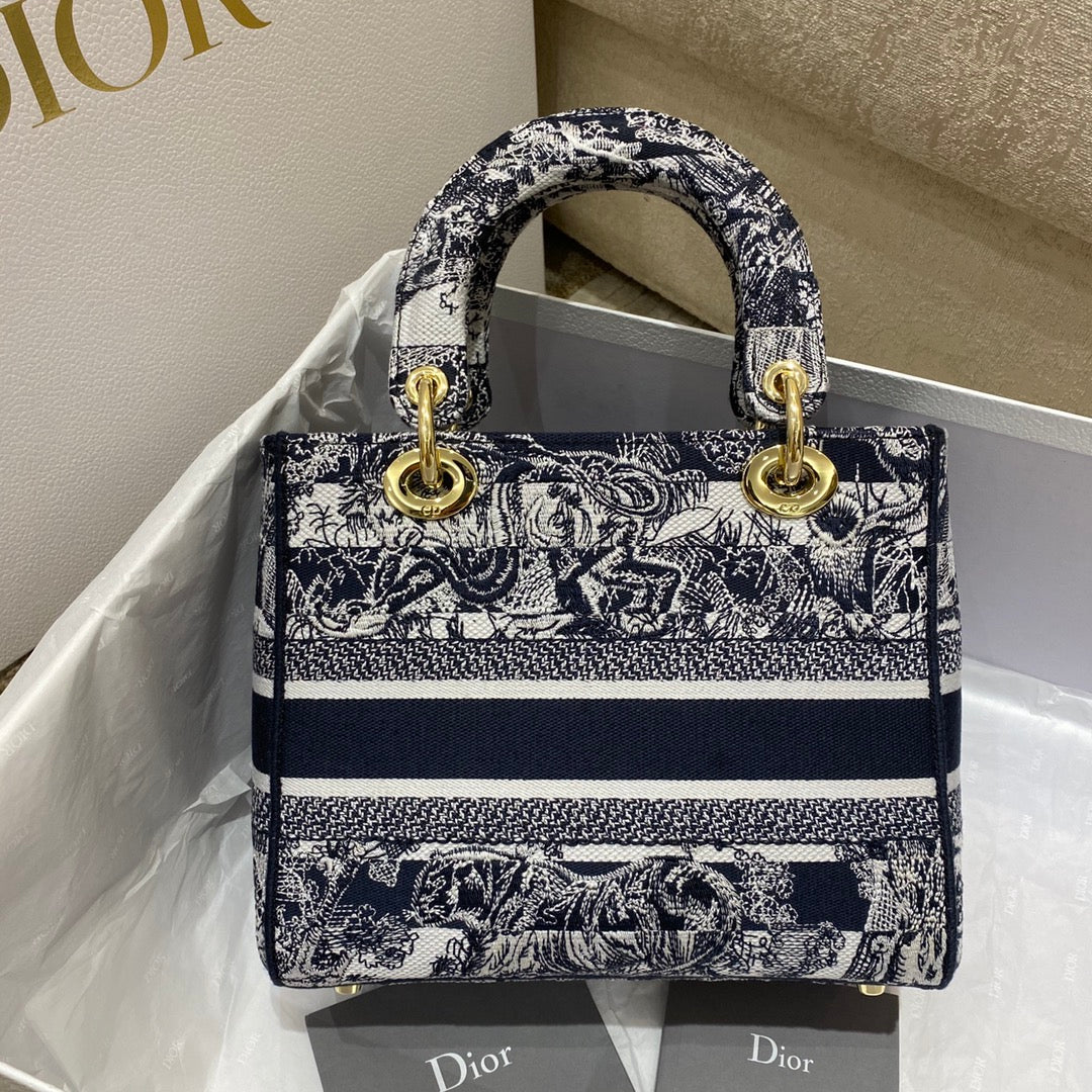 GLAMI MeGLAMIum Lady D-Lite Bag Toile de Jouy Stripes Embroidery, Navy Blue Handbags, 24cm CD M0565ORLP_M928