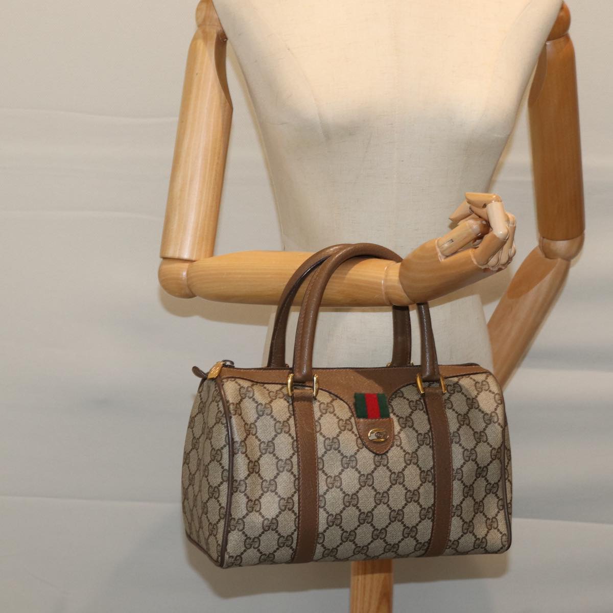 GUCCI GG Supreme Web Sherry Line Hand Bag PVC Beige Red 39 02 006 71780