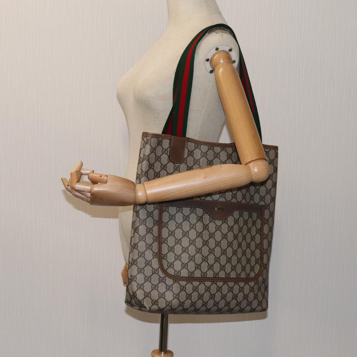 GUCCI GG Supreme Web Sherry Line Tote Bag Beige Red Green 39 02 003 71817