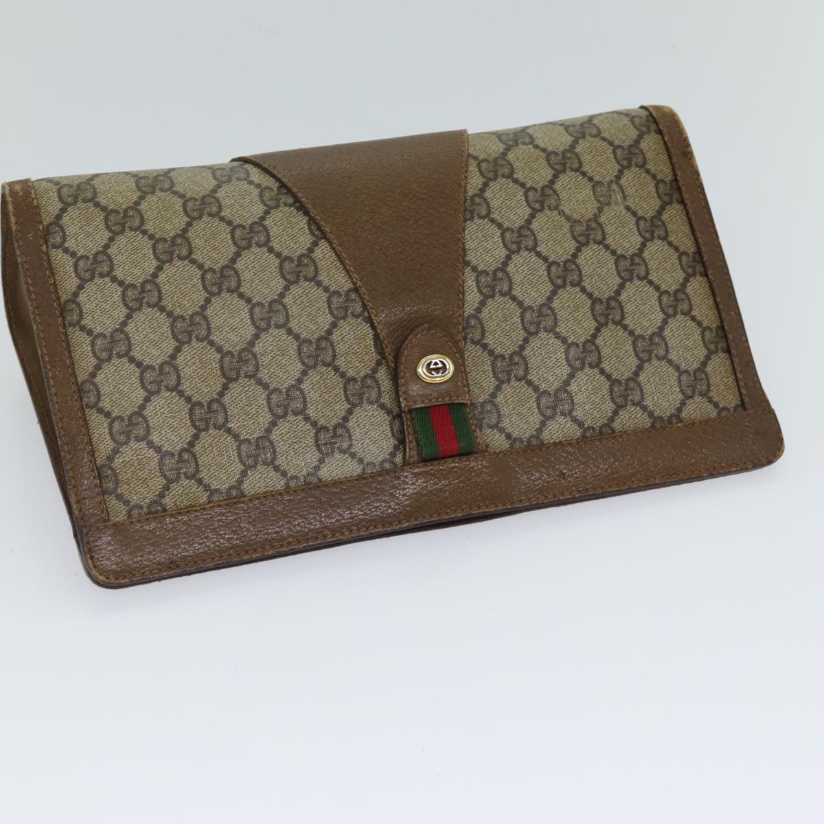 GUCCI GG Supreme Web Sherry Line Clutch Bag PVC Beige Green 89 01 033 72043