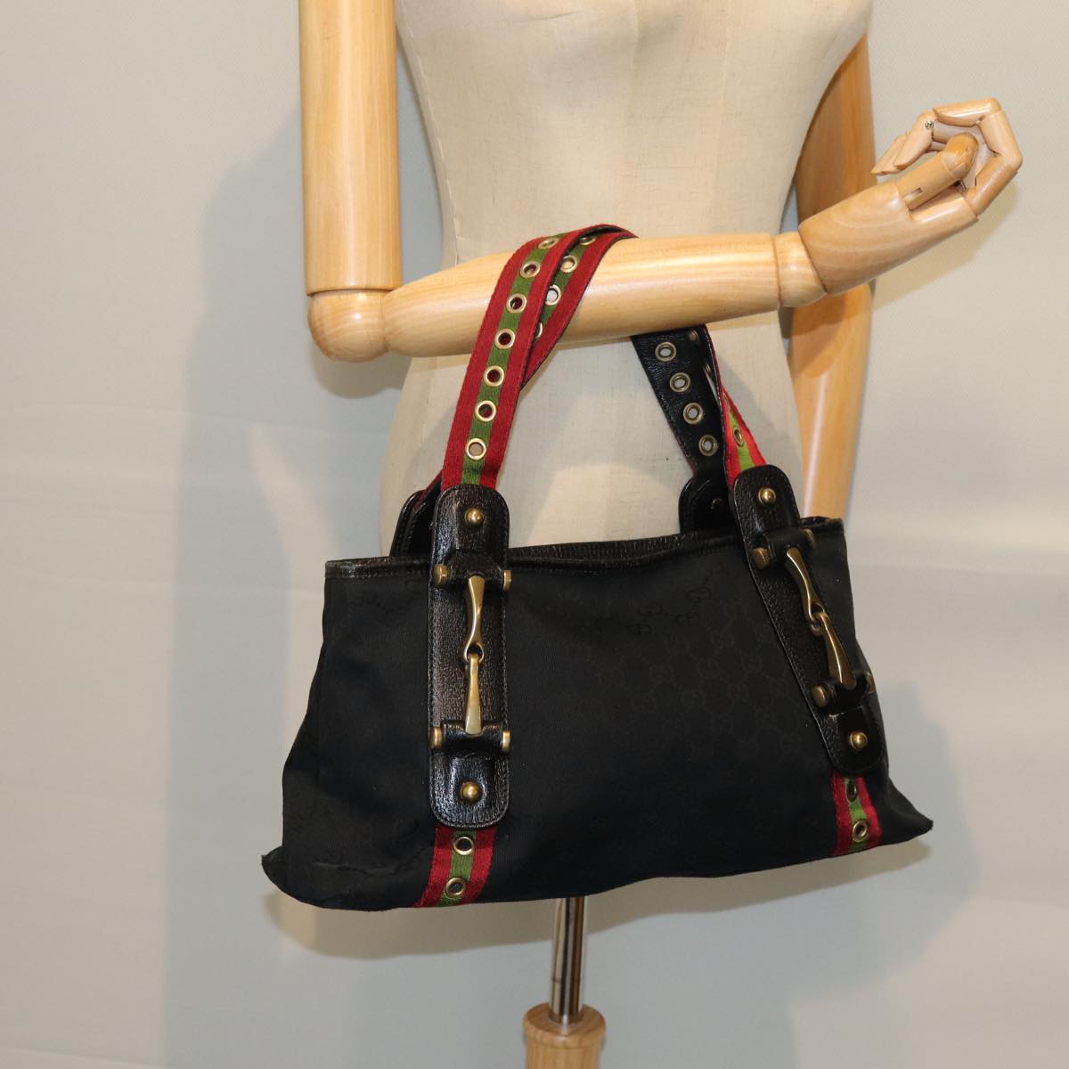 GUCCI GG Canvas Web Sherry Line Hand Bag Black Red Green 144188 72294