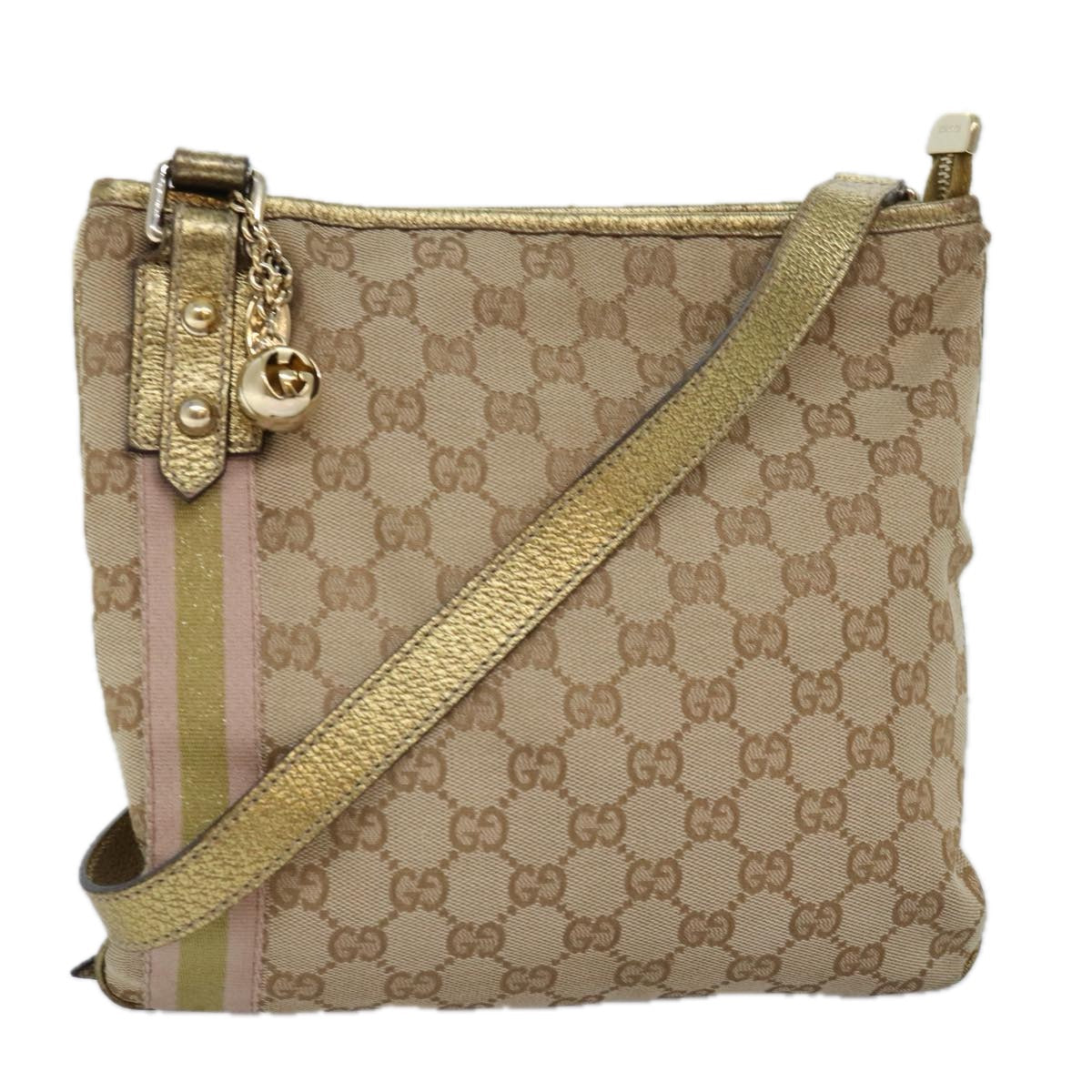 GUCCI GG Canvas Sherry Line Shoulder Bag Gold Beige pink 144388 72295