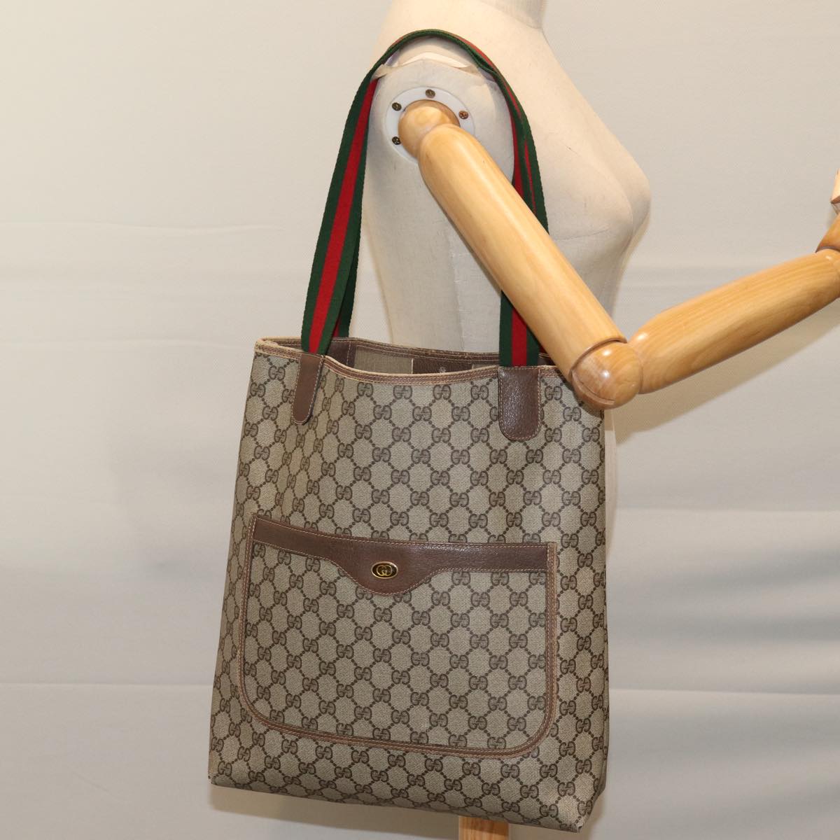 GUCCI GG Canvas Web Sherry Line Tote Bag PVC Beige Green Red 72413