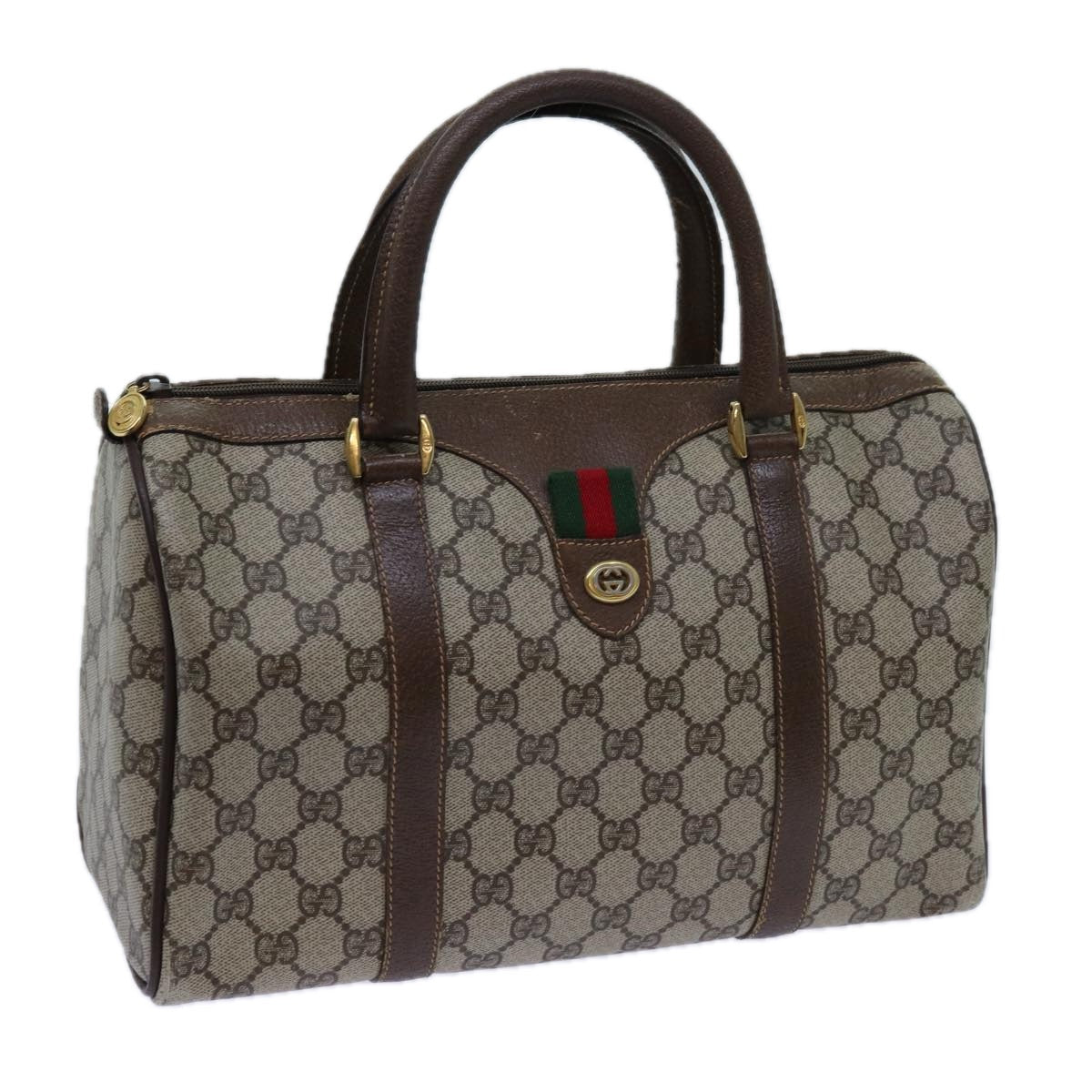 GUCCI GG Canvas Web Sherry Line Boston Bag PVC Beige Green Red 72596